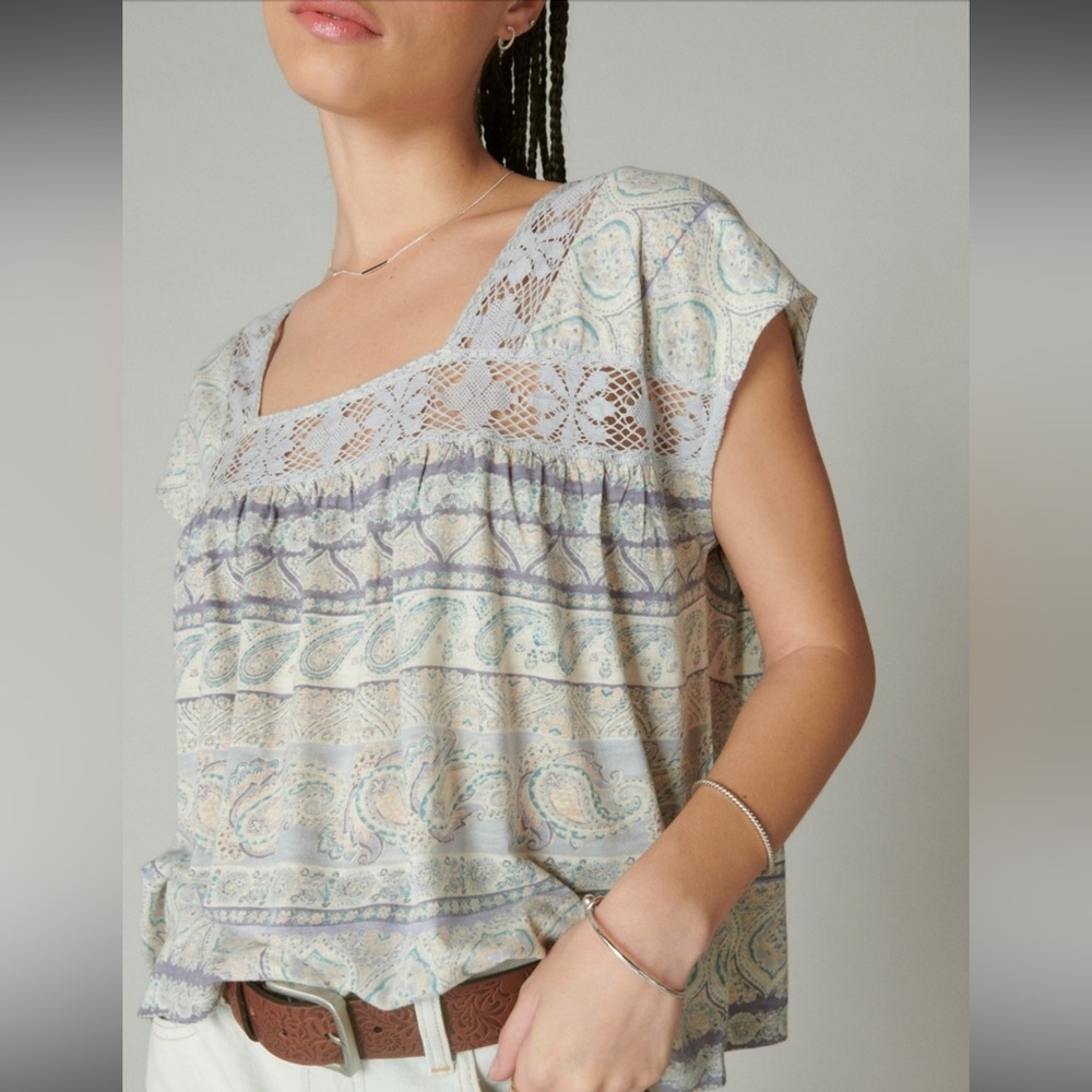 NWT Lucky Brand Square Neck Printed Beach Tee Size M